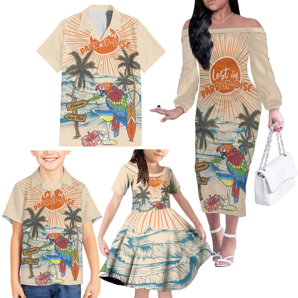 Personalized Christmas In July - Hawaii Retro Family Matching Off The Shoulder Long Sleeve Dress and Hawaiian Shirt Lost In Parrot-dise LT7 - Polynesian Pride