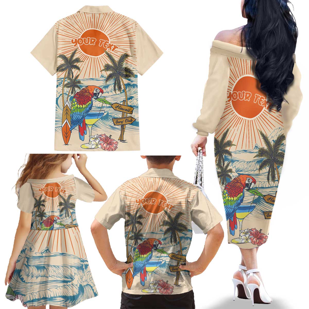 Personalized Christmas In July - Hawaii Retro Family Matching Off The Shoulder Long Sleeve Dress and Hawaiian Shirt Lost In Parrot-dise LT7 - Polynesian Pride