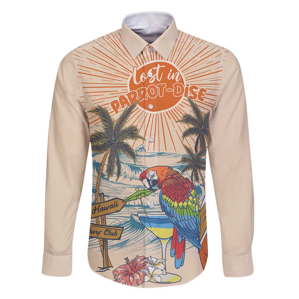 Personalized Christmas In July - Hawaii Retro Family Matching Off Shoulder Short Dress and Hawaiian Shirt Lost In Parrot-dise LT7 Dad's Shirt - Long Sleeve Beige - Polynesian Pride