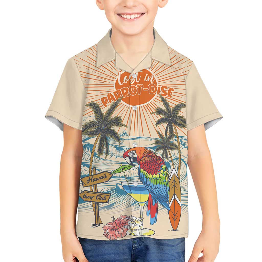 Personalized Christmas In July - Hawaii Retro Family Matching Short Sleeve Bodycon Dress and Hawaiian Shirt Lost In Parrot-dise LT7 Son's Shirt Beige - Polynesian Pride