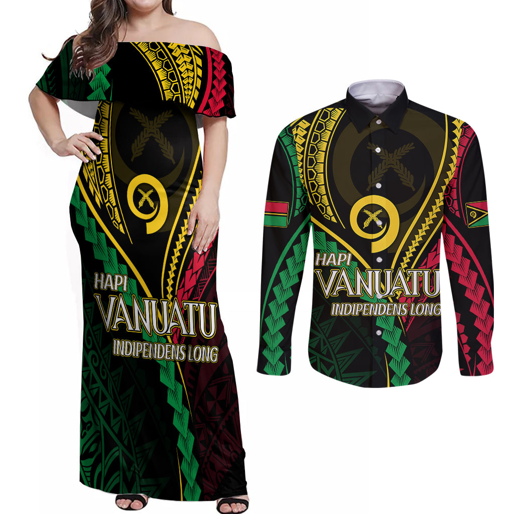 Personalised Vanuatu Couples Matching Off Shoulder Maxi Dress and Long Sleeve Button Shirts 43rd Hapi Indipendens Long LT7 Black - Polynesian Pride