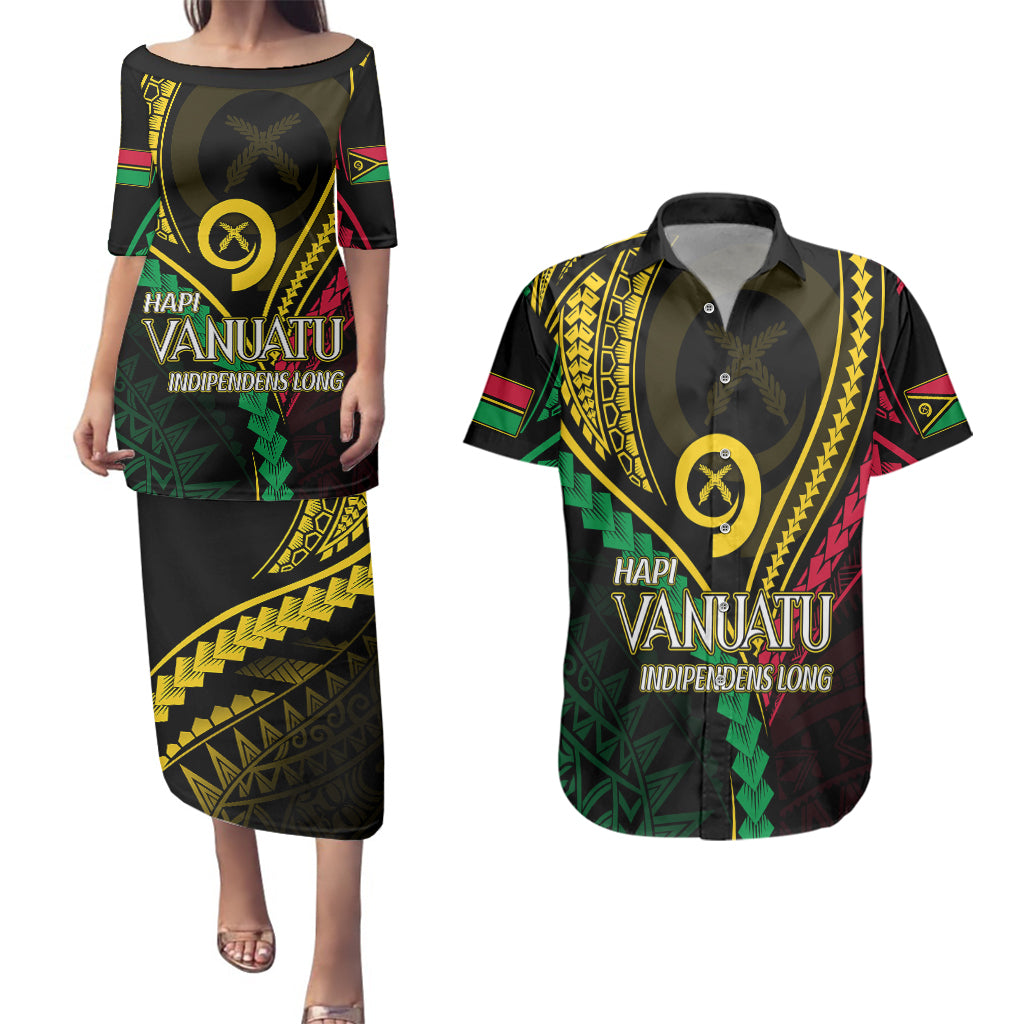 Personalised Vanuatu Couples Matching Puletasi Dress and Hawaiian Shirt 43rd Hapi Indipendens Long LT7 Black - Polynesian Pride