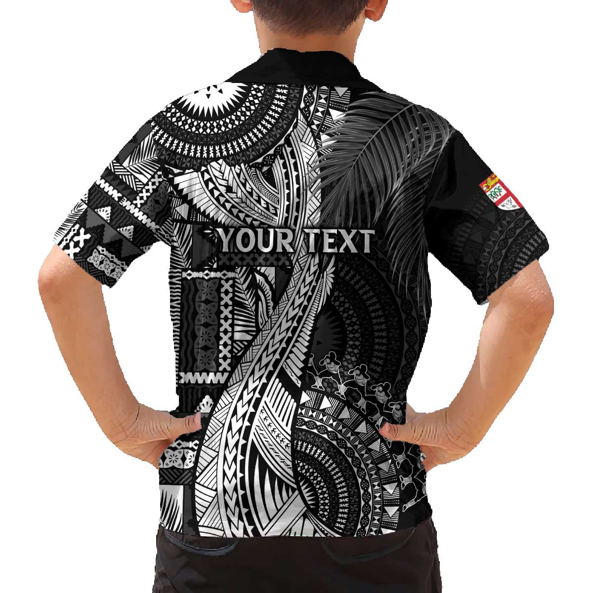 Fiji Rugby Personalised Bula Masi Family Matching Off The Shoulder Long Sleeve Dress and Hawaiian Shirt Fish Tail Kaivity Cibi - Black LT7 - Polynesian Pride