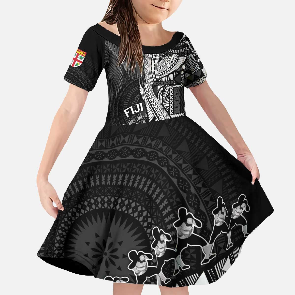 Fiji Rugby Personalised Bula Masi Family Matching Off The Shoulder Long Sleeve Dress and Hawaiian Shirt Fish Tail Kaivity Cibi - Black LT7 Daughter's Dress Black - Polynesian Pride