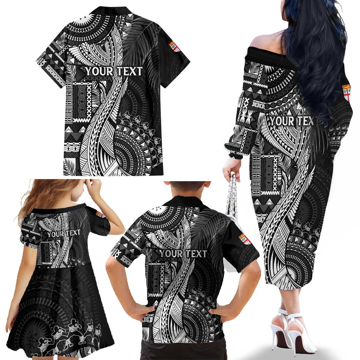 Fiji Rugby Personalised Bula Masi Family Matching Off The Shoulder Long Sleeve Dress and Hawaiian Shirt Fish Tail Kaivity Cibi - Black LT7 - Polynesian Pride