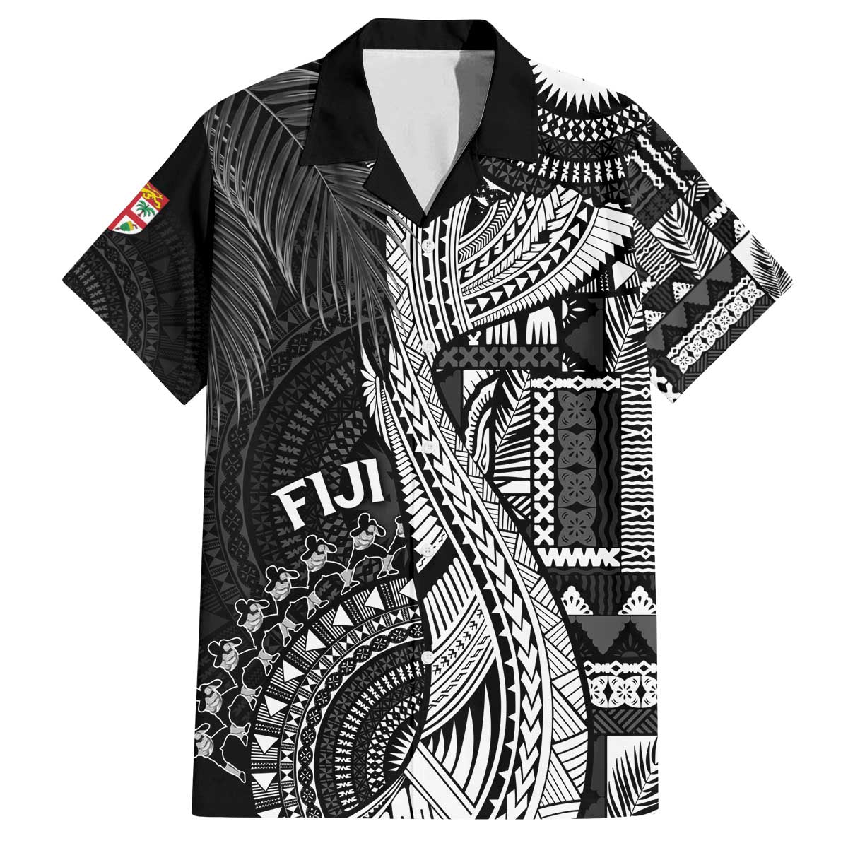 Fiji Rugby Personalised Bula Masi Family Matching Off The Shoulder Long Sleeve Dress and Hawaiian Shirt Fish Tail Kaivity Cibi - Black LT7 Dad's Shirt - Short Sleeve Black - Polynesian Pride