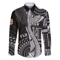 Fiji Rugby Personalised Bula Masi Family Matching Off The Shoulder Long Sleeve Dress and Hawaiian Shirt Fish Tail Kaivity Cibi - Black LT7 Dad's Shirt - Long Sleeve Black - Polynesian Pride
