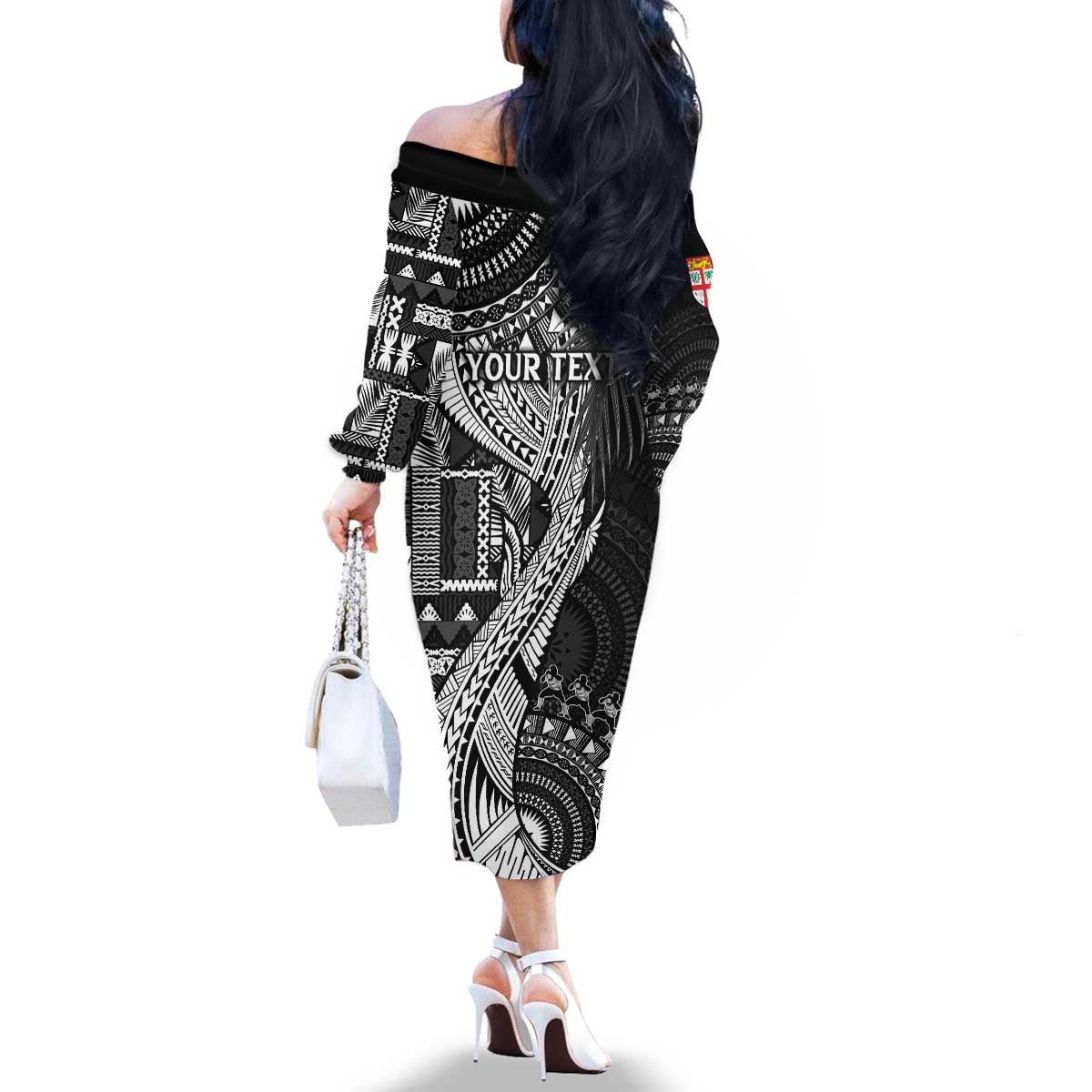 Fiji Rugby Personalised Bula Masi Family Matching Off The Shoulder Long Sleeve Dress and Hawaiian Shirt Fish Tail Kaivity Cibi - Black LT7 - Polynesian Pride