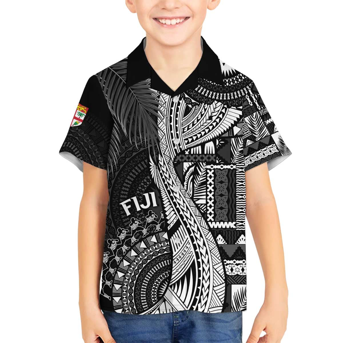 Fiji Rugby Personalised Bula Masi Family Matching Off The Shoulder Long Sleeve Dress and Hawaiian Shirt Fish Tail Kaivity Cibi - Black LT7 Son's Shirt Black - Polynesian Pride