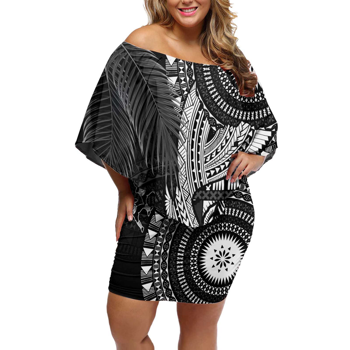 Fiji Rugby Personalised Bula Masi Off Shoulder Short Dress Fish Tail Kaivity Cibi - Black