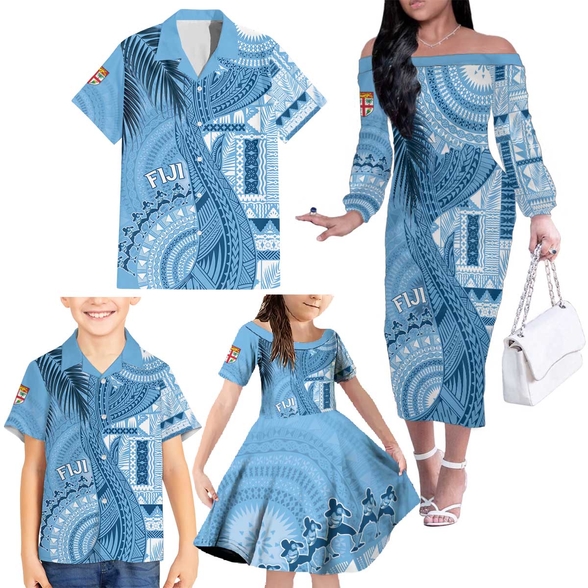 Fiji Rugby Personalised Bula Masi Family Matching Off The Shoulder Long Sleeve Dress and Hawaiian Shirt Fish Tail Kaivity Cibi - Turquoise LT7 - Polynesian Pride