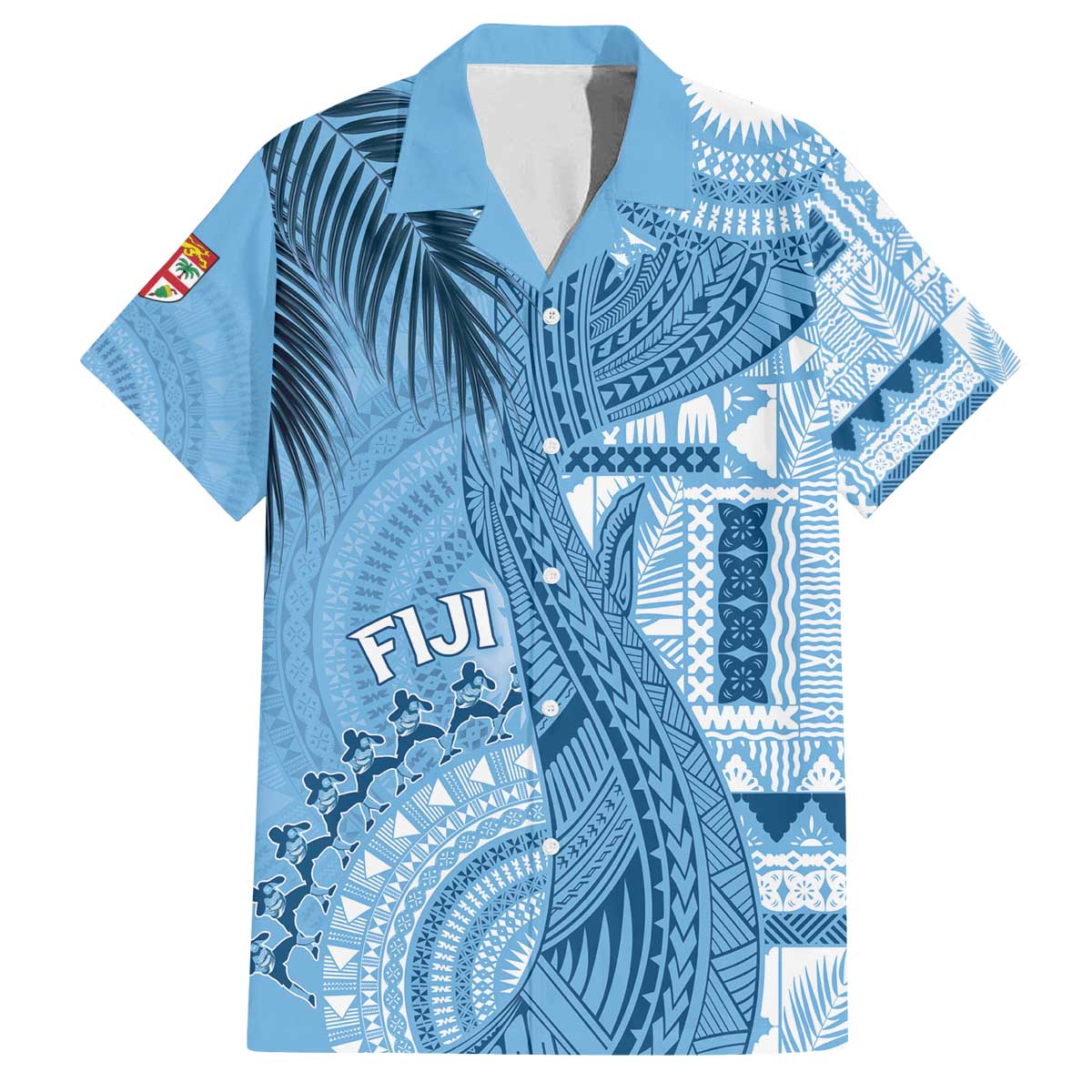 Fiji Rugby Personalised Bula Masi Family Matching Off The Shoulder Long Sleeve Dress and Hawaiian Shirt Fish Tail Kaivity Cibi - Turquoise LT7 Dad's Shirt - Short Sleeve Turquoise - Polynesian Pride