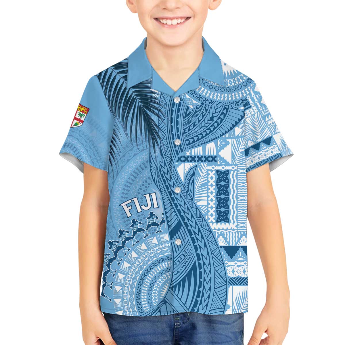Fiji Rugby Personalised Bula Masi Family Matching Off The Shoulder Long Sleeve Dress and Hawaiian Shirt Fish Tail Kaivity Cibi - Turquoise LT7 Son's Shirt Turquoise - Polynesian Pride