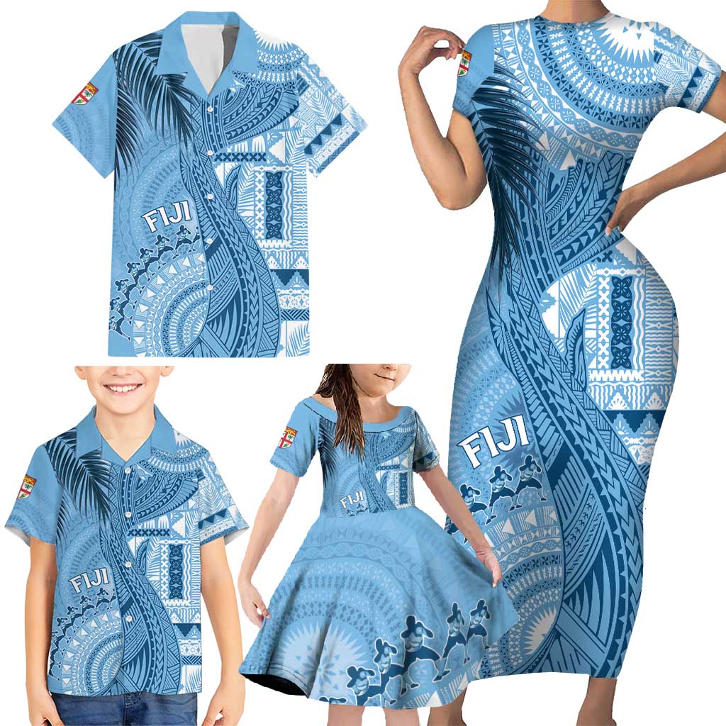 Fiji Rugby Personalised Bula Masi Family Matching Short Sleeve Bodycon Dress and Hawaiian Shirt Fish Tail Kaivity Cibi - Turquoise LT7 - Polynesian Pride