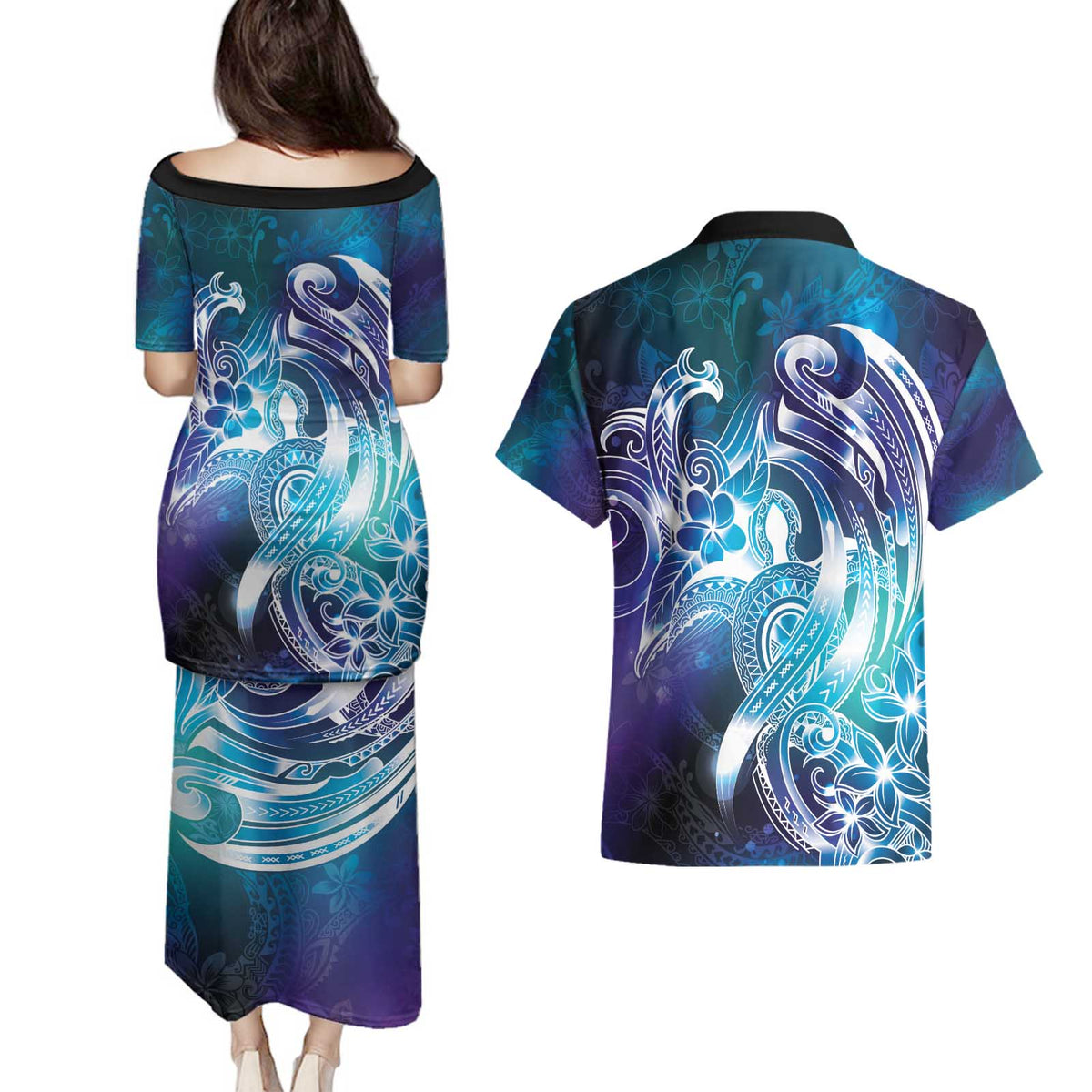 Aloha Hawaii Turtle Couples Matching Puletasi and Hawaiian Shirt Teal Purple Ribbon - Polynesian Pride