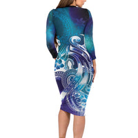 Aloha Hawaii Turtle Family Matching Long Sleeve Bodycon Dress and Hawaiian Shirt Teal Purple Ribbon LT7 - Polynesian Pride