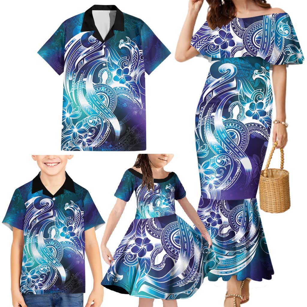 Aloha Hawaii Turtle Family Matching Mermaid Dress and Hawaiian Shirt Teal Purple Ribbon LT7 - Polynesian Pride