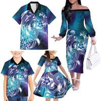 Aloha Hawaii Turtle Family Matching Off The Shoulder Long Sleeve Dress and Hawaiian Shirt Teal Purple Ribbon LT7 - Polynesian Pride