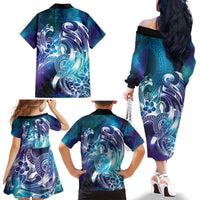 Aloha Hawaii Turtle Family Matching Off The Shoulder Long Sleeve Dress and Hawaiian Shirt Teal Purple Ribbon LT7 - Polynesian Pride