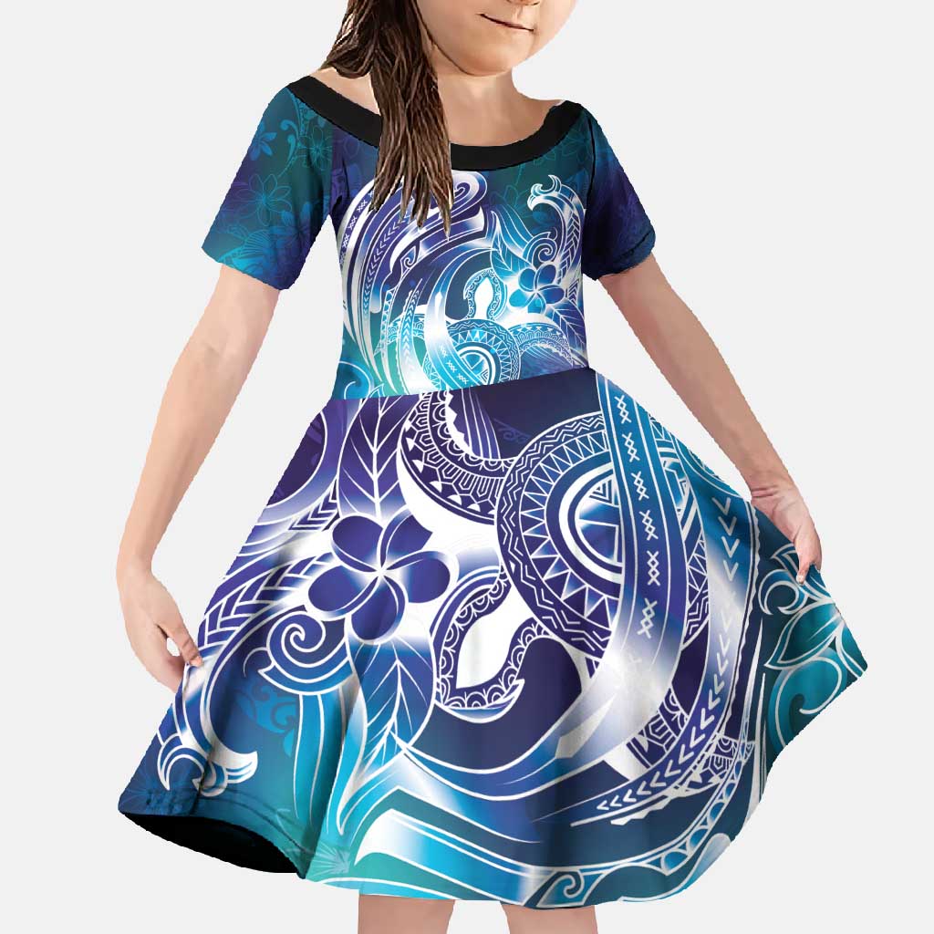 Aloha Hawaii Turtle Family Matching Off Shoulder Maxi Dress and Hawaiian Shirt Teal Purple Ribbon LT7 Daughter's Dress Purple Teal - Polynesian Pride