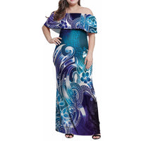 Aloha Hawaii Turtle Family Matching Off Shoulder Maxi Dress and Hawaiian Shirt Teal Purple Ribbon LT7 Mom's Dress Purple Teal - Polynesian Pride