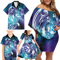 Aloha Hawaii Turtle Family Matching Off Shoulder Short Dress and Hawaiian Shirt Teal Purple Ribbon LT7 - Polynesian Pride