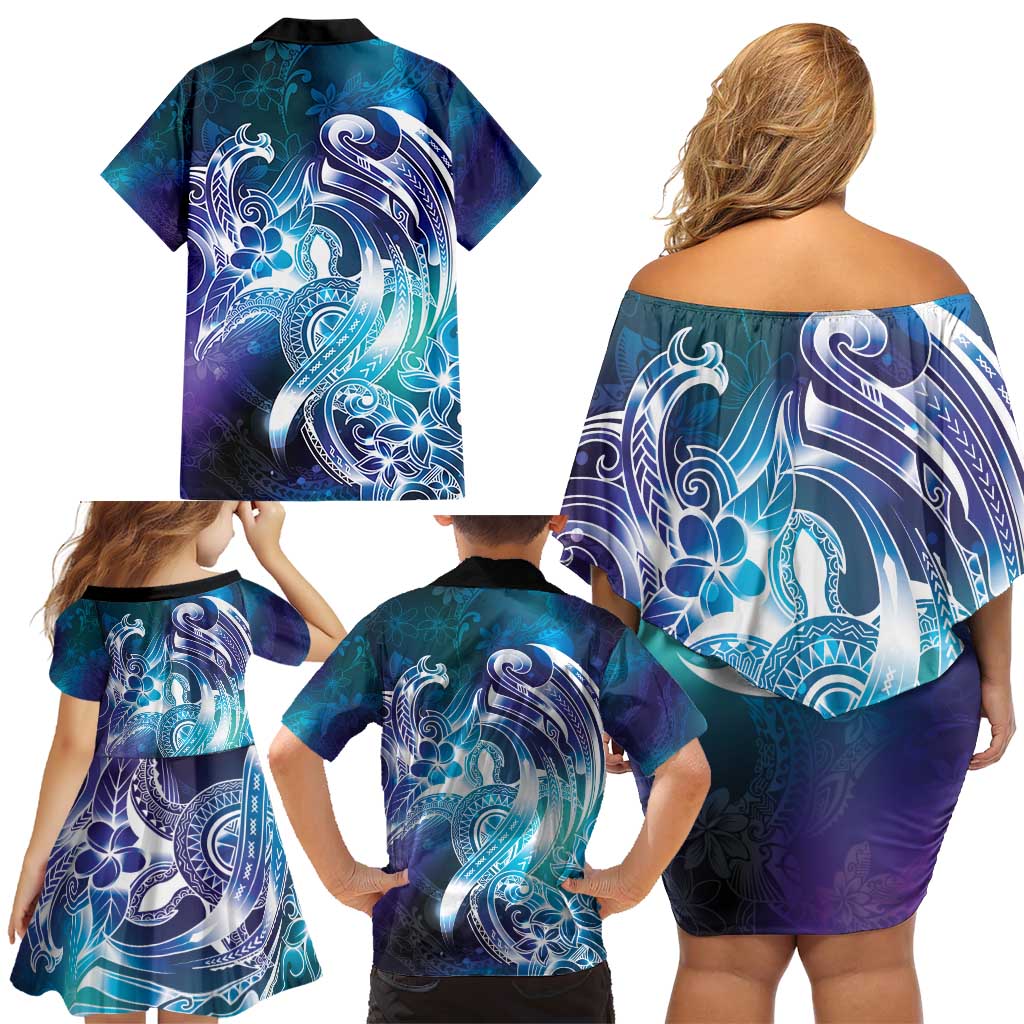 Aloha Hawaii Turtle Family Matching Off Shoulder Short Dress and Hawaiian Shirt Teal Purple Ribbon LT7 - Polynesian Pride