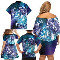 Aloha Hawaii Turtle Family Matching Off Shoulder Short Dress and Hawaiian Shirt Teal Purple Ribbon LT7 - Polynesian Pride