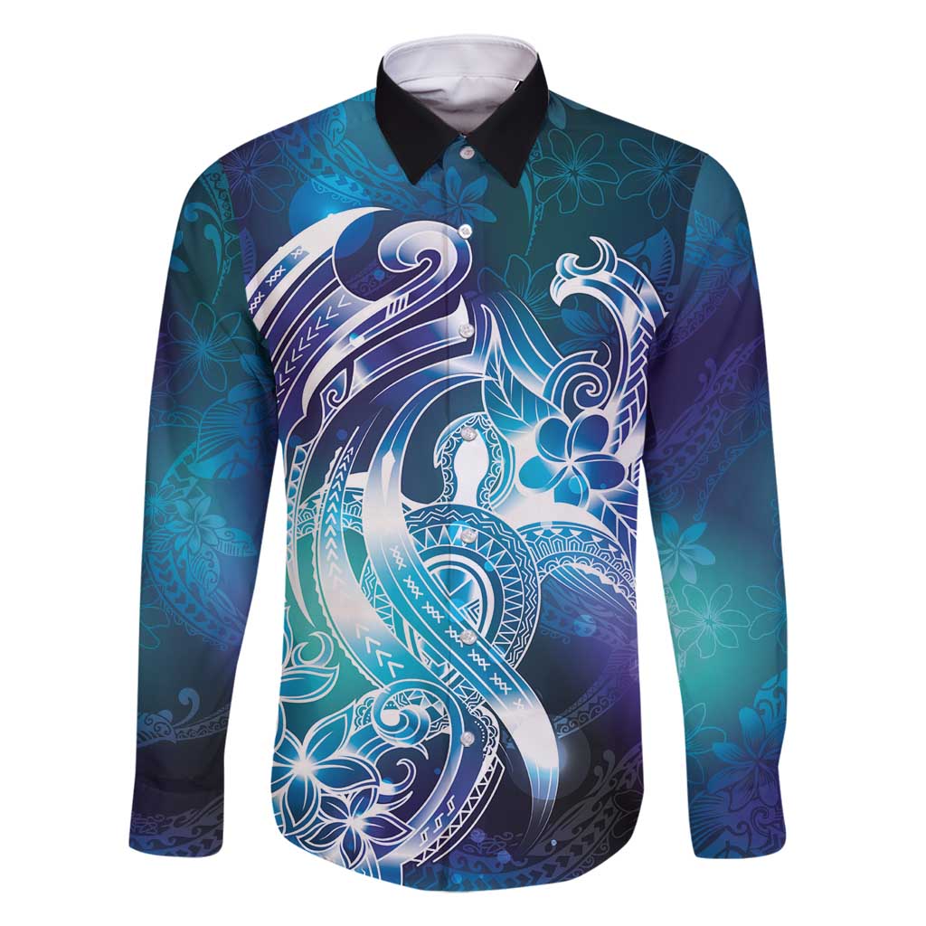 Aloha Hawaii Turtle Family Matching Off Shoulder Short Dress and Hawaiian Shirt Teal Purple Ribbon LT7 Dad's Shirt - Long Sleeve Purple Teal - Polynesian Pride
