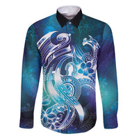 Aloha Hawaii Turtle Family Matching Off Shoulder Short Dress and Hawaiian Shirt Teal Purple Ribbon LT7 Dad's Shirt - Long Sleeve Purple Teal - Polynesian Pride