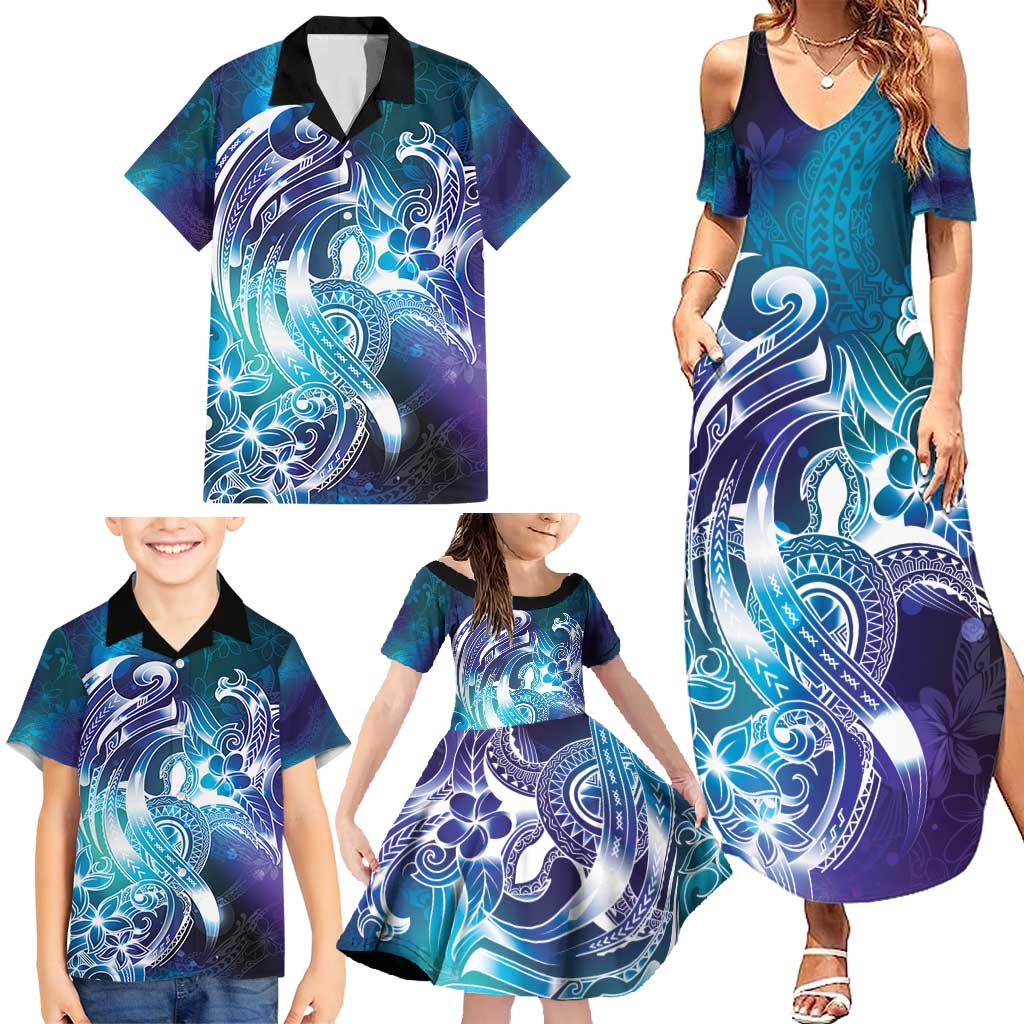Aloha Hawaii Turtle Family Matching Summer Maxi Dress and Hawaiian Shirt Teal Purple Ribbon LT7 - Polynesian Pride