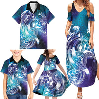 Aloha Hawaii Turtle Family Matching Summer Maxi Dress and Hawaiian Shirt Teal Purple Ribbon LT7 - Polynesian Pride