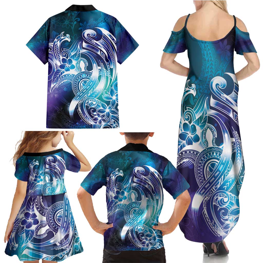 Aloha Hawaii Turtle Family Matching Summer Maxi Dress and Hawaiian Shirt Teal Purple Ribbon LT7 - Polynesian Pride
