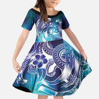 Aloha Hawaii Turtle Kid Short Sleeve Dress Teal Purple Ribbon - Polynesian Pride