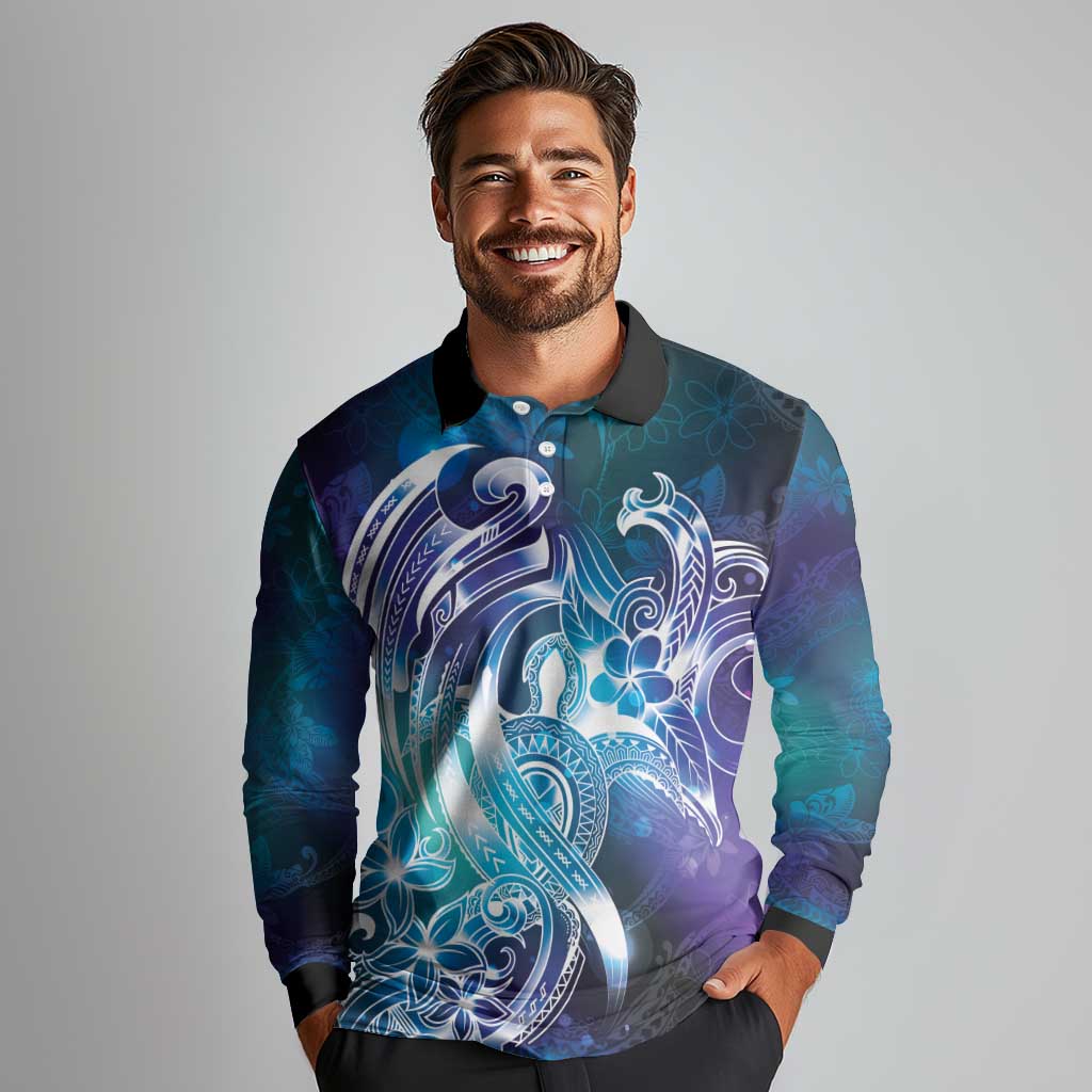Aloha Hawaii Turtle Long Sleeve Polo Shirt Teal Purple Ribbon LT7 - Polynesian Pride