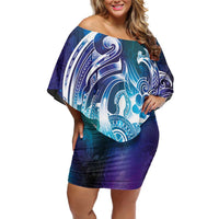 Aloha Hawaii Turtle Off Shoulder Short Dress Teal Purple Ribbon LT7 Women Purple Teal - Polynesian Pride