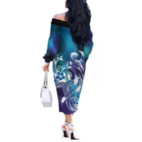 Aloha Hawaii Turtle Off The Shoulder Long Sleeve Dress Teal Purple Ribbon - Polynesian Pride