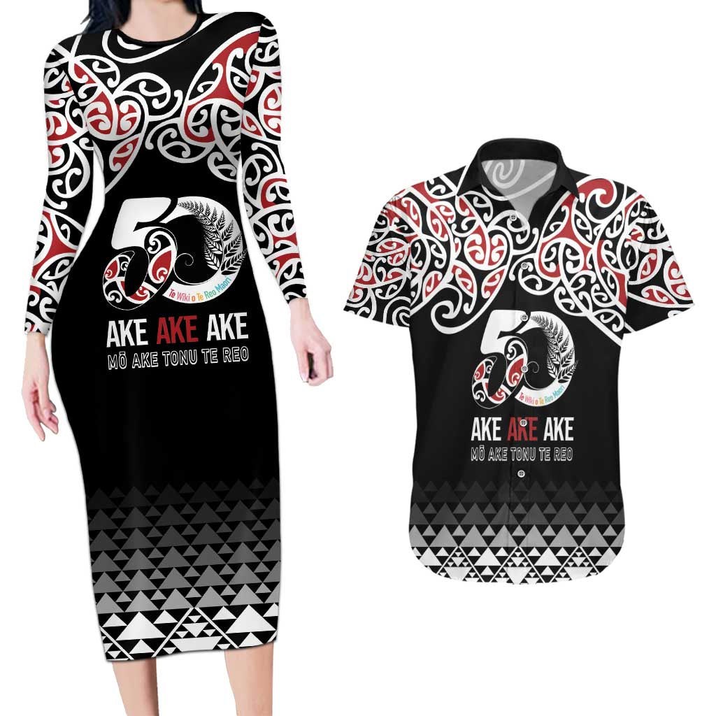 Kia Kaha Te Reo Maori Couples Matching Long Sleeve Bodycon Dress and Hawaiian Shirt 50 Years Mo Ake Tonu Te Reo LT7 Black - Polynesian Pride