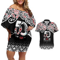 Kia Kaha Te Reo Maori Couples Matching Off Shoulder Short Dress and Hawaiian Shirt 50 Years Mo Ake Tonu Te Reo LT7 Black - Polynesian Pride