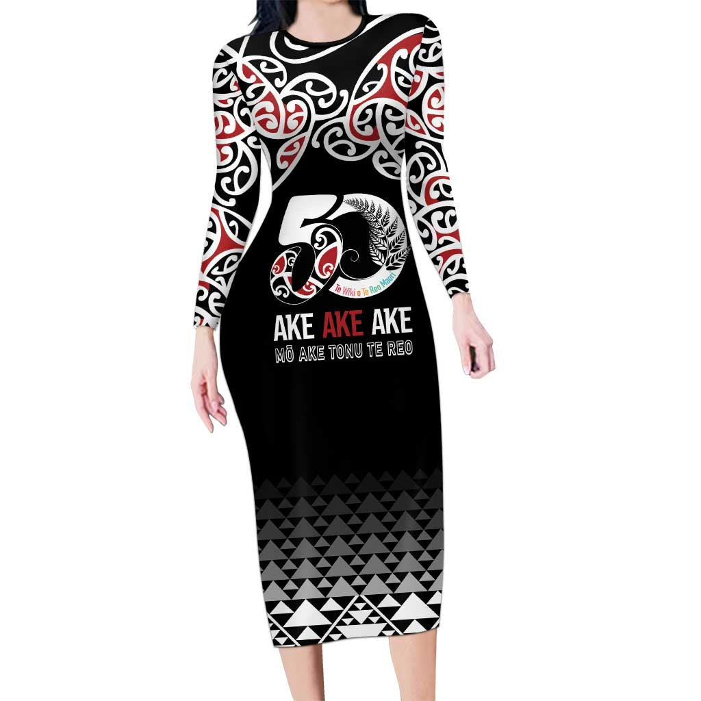 Kia Kaha Te Reo Maori Family Matching Long Sleeve Bodycon Dress and Hawaiian Shirt 50 Years Mo Ake Tonu Te Reo LT7 Mom's Dress Black - Polynesian Pride