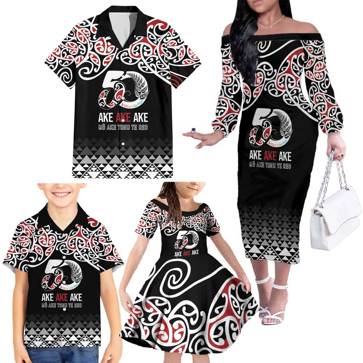 Kia Kaha Te Reo Maori Family Matching Off The Shoulder Long Sleeve Dress and Hawaiian Shirt 50 Years Mo Ake Tonu Te Reo LT7 - Polynesian Pride