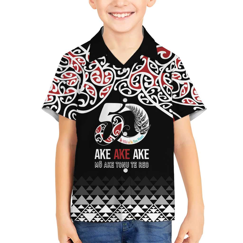 Kia Kaha Te Reo Maori Family Matching Off Shoulder Short Dress and Hawaiian Shirt 50 Years Mo Ake Tonu Te Reo LT7 Son's Shirt Black - Polynesian Pride