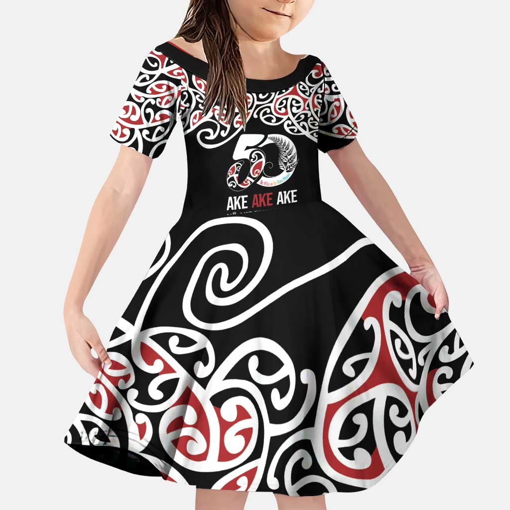 Kia Kaha Te Reo Maori Family Matching Puletasi and Hawaiian Shirt 50 Years Mo Ake Tonu Te Reo LT7 Daughter's Dress Black - Polynesian Pride