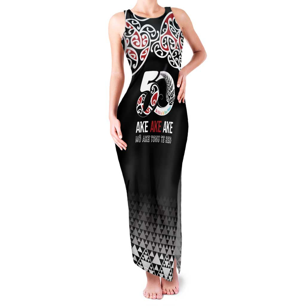 Kia Kaha Te Reo Maori Family Matching Tank Maxi Dress and Hawaiian Shirt 50 Years Mo Ake Tonu Te Reo LT7 Mom's Dress Black - Polynesian Pride