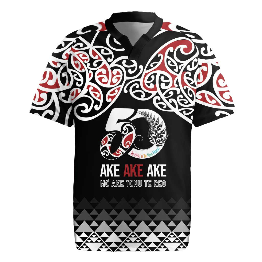 Kia Kaha Te Reo Maori Rugby Jersey 50 Years Mo Ake Tonu Te Reo LT7 Black - Polynesian Pride