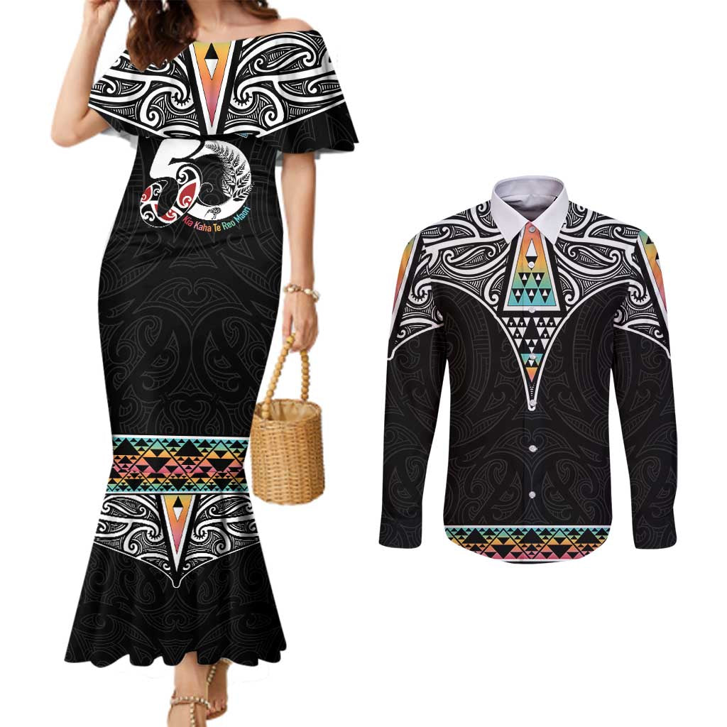 50 Years Kia Kaha Te Reo Maori Couples Matching Mermaid Dress and Long Sleeve Button Shirt Ake Ake Ake! - Polynesian Pride