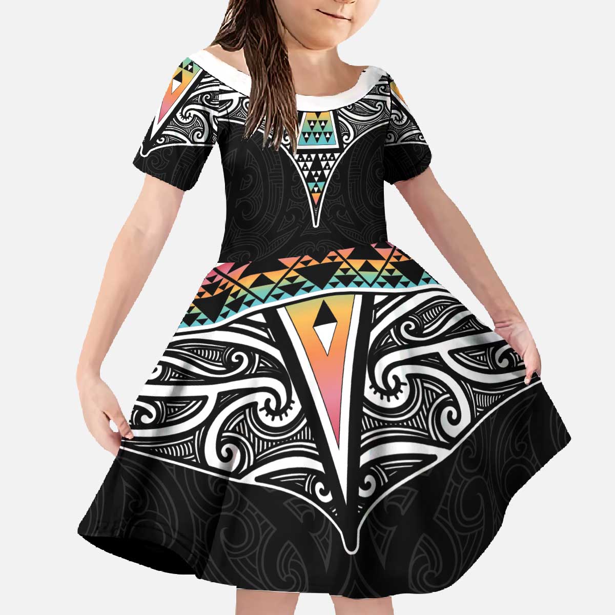 50 Years Kia Kaha Te Reo Maori Family Matching Off The Shoulder Long Sleeve Dress and Hawaiian Shirt Ake Ake Ake! LT7 Daughter's Dress White - Polynesian Pride
