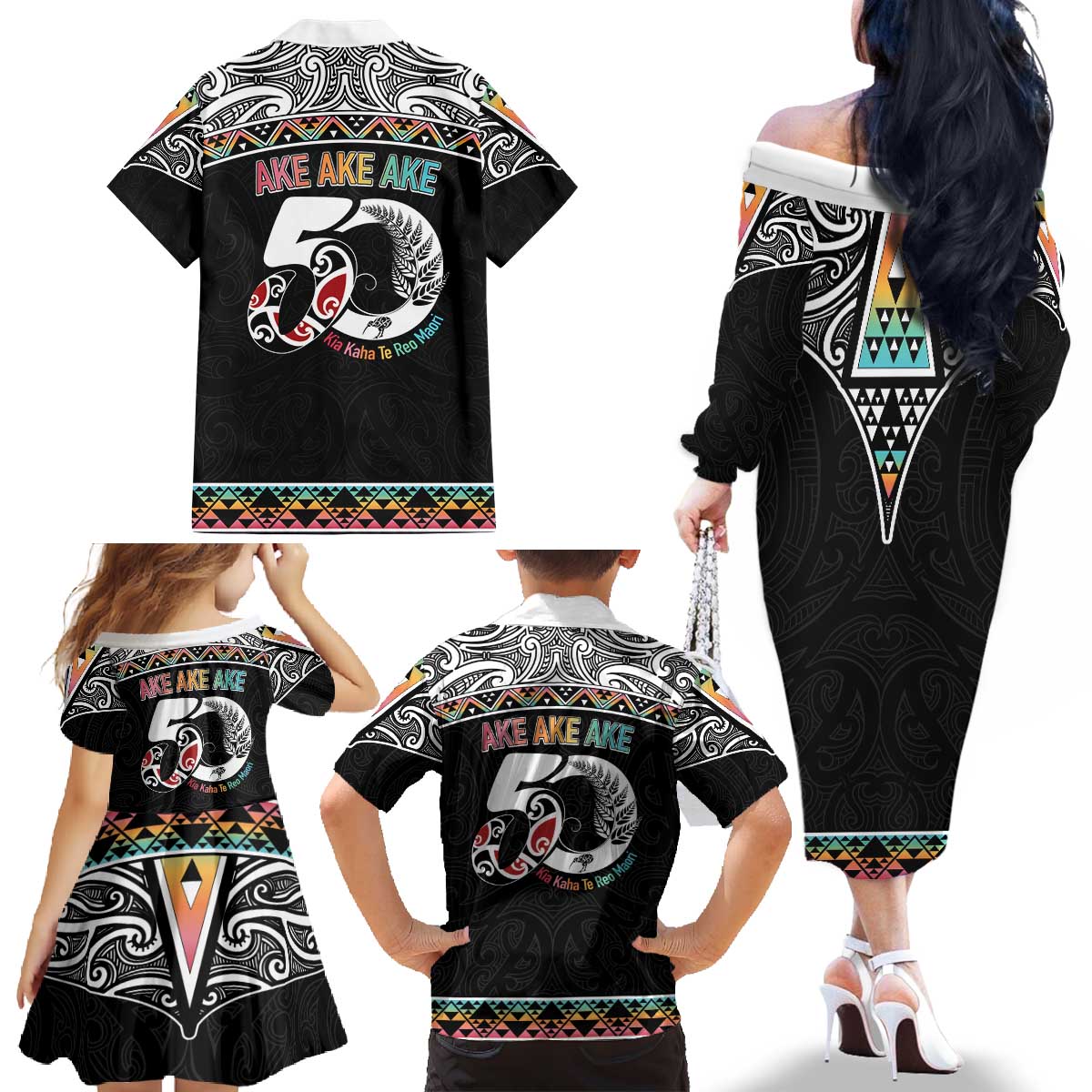 50 Years Kia Kaha Te Reo Maori Family Matching Off The Shoulder Long Sleeve Dress and Hawaiian Shirt Ake Ake Ake! LT7 - Polynesian Pride