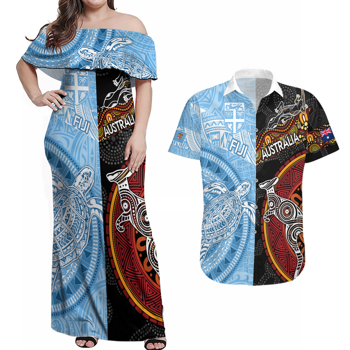 Personalised Fiji and Australia Couples Matching Off Shoulder Maxi Dress and Hawaiian Shirt Masi Patterns Mix Aboriginal Art LT7 Colorful - Polynesian Pride