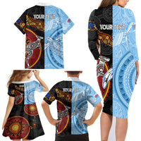 Personalised Fiji and Australia Family Matching Long Sleeve Bodycon Dress and Hawaiian Shirt Masi Patterns Mix Aboriginal Art LT7 - Polynesian Pride